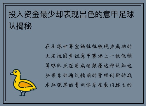 投入资金最少却表现出色的意甲足球队揭秘